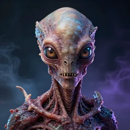 portrait of a space alien, varying detailed fractal skin, meat monstrosity, eyes containing big iris, bones piercing, dragon scales, realistic render, detailed, slimy unreal engine, symmetrical!!, cosmic colors lighting, radioactive smoke, photorealistic, greg rutkowski and ruan jia, octane render, raytracing