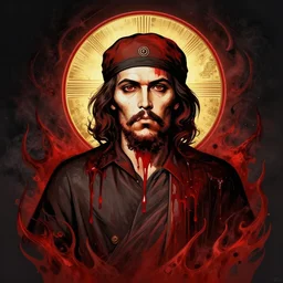stalin on an icon with a halo of blood, scary icon in hellish style, scary color art in 4 k