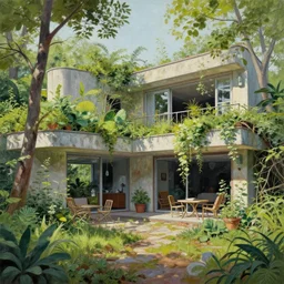 a beautiful very detailed painting of patios and deck building architecture abandoned nature by robert venturi, reclaimed by nature retrowave, archdaily, wallpaper, highly detailed, trending on artstation.