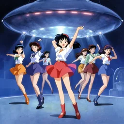 a film still of a 1 9 5 0's anime girls dancing inside ufo, chillhop aesthetics, hdr, full body mid shot, perfect art, trending on pixiv fanbox, painted by gaston bussiere, makoto shinkai, akihiko yoshida, craig mullins