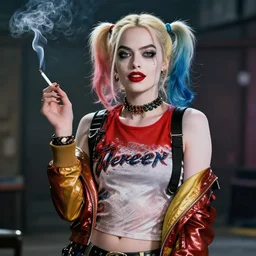 Margot Robbie as a harley quinn smoking a cigarette in a sexy way, smoke cloud, cinematic, 4k digital art, highly detailed