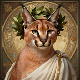 a caracal wearing laurel wreath and a toga, photography of kurzgesagt, deep focus, d & d, intricate, elegant, highly detailed, digital painting, artstation, concept art, matte, sharp focus, illustration, hearthstone, art by artgerm and greg rutkowski and alphonse mucha