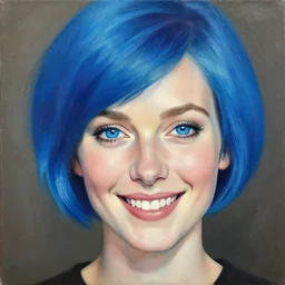 a beautiful painting of a smiling woman with stylish short blue hair and sparkling blue eyes representative of the art style of artgerm and wlop and peter mohrbacher, portrait, kind smile