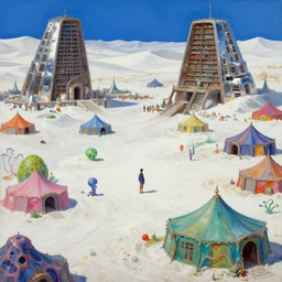 colorful merchant tents at a sprawling temple city of chrome, white salt desert dunes, matte oil painting, rusted chrome libraries, retrofuturistic, concept art, science fantasy, mutant, lgbt, queer, rpg, epic, badlands, slime, sentient plants, dungeons & dragons, sacred, sharp focus, award - winning, extremely detailed, 4 k, 8 k