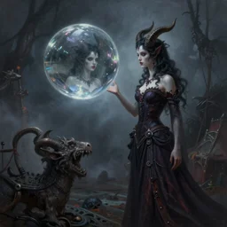 By Tom Bagshaw, ultra realist soft painting render of a curiosities carnival scene, Beautiful demonic two horned female in long curvy gothic dress watching an octane render of a floating transparent glass sphere, reflection and refraction, symmetry accurate features, very intricate details, deep fog, dark fantasy background, artstation