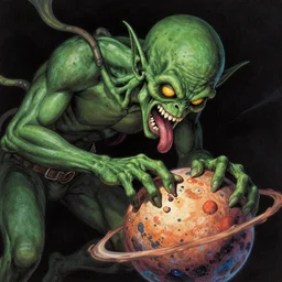 Cthulhu eating a planet by Vincent Di Fate, in the style of Hachmyta, detailed, epic, trending on artstation