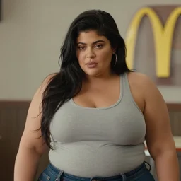 film still of obese 3 0 0 - pound kylie jenner as a mcdonald's worker, vibrant high contrast, octane, arney freytag, cinematic, portrait, backlit, rim lighting, 8 k