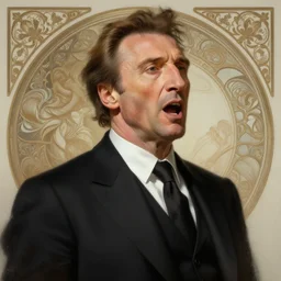 portrait of Liam Neeson doing a throat chop, black suit, fantasy, intricate, elegant, realistic, highly detailed, digital painting, artstation, concept art, smooth, sharp focus, illustration, art by artgerm and greg rutkowski and alphonse mucha