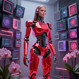 beautiful tall female robot printed with red and black 3 d geometrical neon guarding a wall of computers!!!!!!!!!! + flowering vaporwave orchids!!!, transcendent, clean linework, dramatic, finely detailed, 4 k, trending on artstation, photorealistic, award winning, rule of thirds, volumetric lighting, octane render