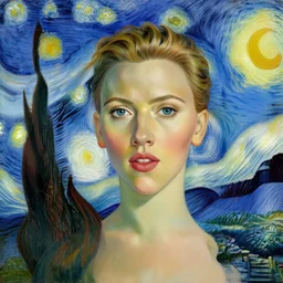 beautiful portrait of scarlett johansson painted by van gogh : : starry night