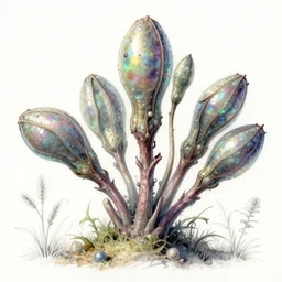 Alien plant from alpha centauri, illustrated from nature. highly detailed botanical field sketches. Alien hybrid, opalescent, metallic, pods.