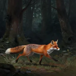 a beautiful matte painting of a deep dark forest, a fox running, artstation, by greg rutkowski