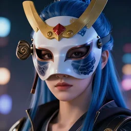 Close up portrait of an Asian Cyberpunk young woman with blue hair wearing a samurai mask, hyperdetailed, artstation, cgsociety, 8k, nighttime