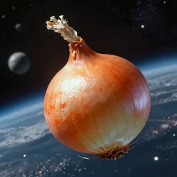 An onion travelling in space. High resolution. Highly detailed. Artstation.