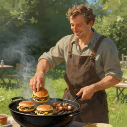 a happy middle aged man, fliping burgers in the grill on the lawn. intricate, elegant, highly detailed, digital painting, artstation, concept art, sharp focus, illustration, by justin gerard and artgerm, 8 k
