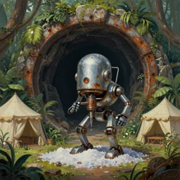 a chrome drillbot visits a slightly rusted cave mouth in the jungle, retrofutistic, matte oil painting, merchant tents, science fantasy, salt, rpg, epic, extremely detailed, sharp focus, 4 k