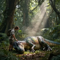 monster hunter handler examining a sleeping dinosaur in the jungle, natural lighting, moody shadows, god rays, faint dust in the air, DSLR photo, 4k