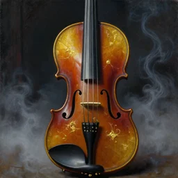 bold simple lifelike humanoid baroque oil painting of close view of an ornate gothic violin interior with gold spidery embellishments, night, smoke, ground fog, by peter mohrbacher, by frank frazetta, by alan lee, john howe, da vinci, large depth of field, super detailed, digital art, trending on artstation, ornate