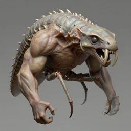 muscular body, isopod exoskeleton, mesomorph, chiroptera head, chiroptera ears, big sharp teeth, hyperrealism, artstation, cgsociety, zbrush, no background