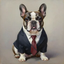 oil painting of a french bulldog wearing businessman attire