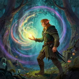 side profile, male elf ranger, gloomhaven, luminescent, colorful swirly magic ripples, forest colors, by greg manchess, huang guangjian, gil elvgren, sachin teng, greg rutkowski, jesper ejsing, ilya kuvshinov