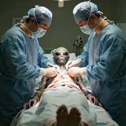 a ultra high resolution of a secret photo of an alien, tied to a hospital bed, surgeons are performing an autopsy. secret photo style. the light is dim, and the colours are muted.