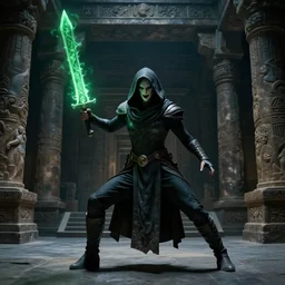 vfx film, soul reaver, raziel irl, price of persia movie, missing jaw, hero pose, devouring magic souls, scarf, hood, glowing green soul blade, in epic ancient sacred huge cave temple, flat color profile low - key lighting award winning photography arri alexa cinematography, hyper real photorealistic cinematic beautiful, atmospheric cool colorgrade