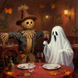 a scarecrow and a ghost are drinking red wine in a fancy restaurant. folk horror art style. autumnal colours. highly detailed. rutkowski