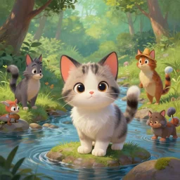 a painting of a cute kitten at a creek. disney character design by cory loftis, fenghua zhong, ryohei hase, ismail inceoglu and ruan jia. volumetric light, detailed, rendered in octane