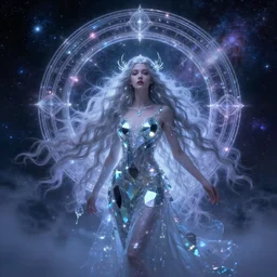 goddess of magic and galaxy cosmos with long hair, mirrors, glass, magic circle, magic doorway, fantasy, cosmos, beautiful, mist, bio - luminescence, hyperrealistic 4 k, unreal engine, high detail
