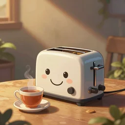 the brave little toaster sitting down for a nice tea, cartoon, artstation, happy