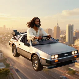 3 d vfx art of an african jesus jesus driving a flying delorean over lagos city in nigeria, art style by ernie barnes & drew struzan, unreal engine render, digital illustration, sharp, intricate detail, global illumination, golden hour, ray tracing, pinterest, artstation, behance