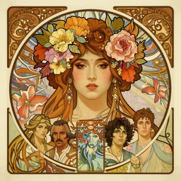 face portrait of a beautiful mysterious cambodian fairy with flowery headgear, by eve ventrue, michael carson, andreas rochas, john watkiss, casey weldon, artgerm. art nouveau. tarot card by mucha. gloomhaven. swirly intricate linework background. gaudy colors, sharp edges. octane render