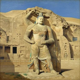 mogao grottoes, gigachad hero in ancient courtyard, painting by gaston bussiere, j. c. leyendecker