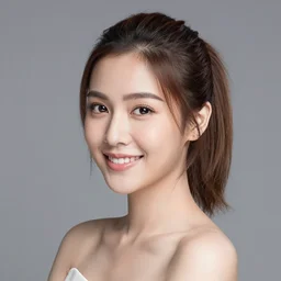 a thai girl smiling, short hair with a ponytail, very beautiful, portrait photography, studio lighting, sigma 8 5 mm