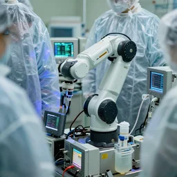 a close up of a small boxy kuka robotic arm surrounded by machines covered with large translucent synthetic garments, hospital, blinking leds, tiny monitors displaying code, plastic pipes and machines pumping liquids, color photo, various levels of details, 5 0 mm sigma lens, high aperture