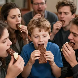 hungry crowd of people eating and devouring a chocolate boy, panic