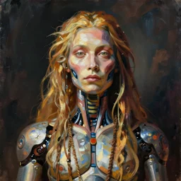 portrait of a cyborg shaman by greg rutkowski in the style of egon schiele