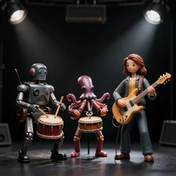 a beautiful cinematic photo shot of a couple of threea toys figurines by ashley wood, world war one robot squids playing drums and electric guitar, black background, concert light, dark mood
