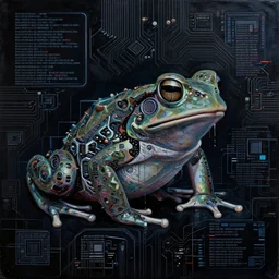 toads, big toad, mechanical, technical, abstract, acrylic, oil, circuit board, computers, vektroid album cover, vectors, drips, dimensions, tears, leaks, glitches, frogs, amphibians, geometry, data, datamosh, motherboard, minimal, vinyl, code, cybernetic, painting, dark, eerie, cyber