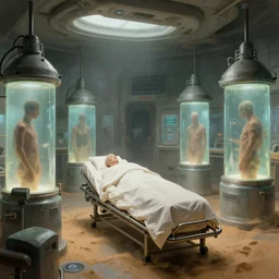 rococo science fiction burial chamber hospital filled with cloning vats with indistinct human figures inside, dune concept art by greg rutkowski, zdzisław beksinski, anato finnstark