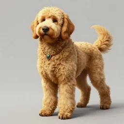full body photograph of a golden doodle, deep focus, intricate, elegant, highly detailed, digital painting, artstation, concept art, matte, sharp focus, illustration, d & d, fantasy, hearthstone, art by artgerm and greg rutkowski and alphonse mucha