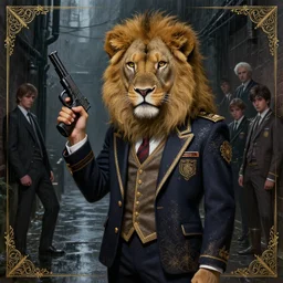 A digital painting of a stealthy teenage lion in a dark rainy alleyway wearing formal school uniform while holding a glock in his right hand, by Stanley Artgerm Lau, frank frazetta, Rossdraws, James Jean, gerald brom, Andrei Riabovitchev, Marc Simonetti, and Sakimichan, trending on artstation, cinematic lighting, Ornate, delicate, neat, precise, detailed, opulent, lavish, elegant, ornamented, fine, elaborate, accurate, intricate, meticulous, decorative, realistic, SFW version
