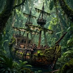 a wrecked pirate ship in the middle of a jungle, overgrown, very detailed, intricate, mossy, pirates of the Caribbean, dramatic lighting