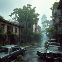 the exterior of an abandoned a city 🏬🏢🏘 with trees growing everywhere with furniture and everything in deterioration, in the rain and with wrecked cars outside and weeds growing 🌿 on the walls, style artstation, style greg rutkowsk, comic art book,, octane render, unreal engine 6, epic game graphics, fantasy, ciberpunk, post - apocaliptic,