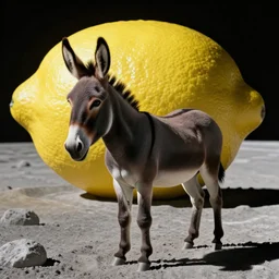 A mule standing on the surface of the moon, style of moon landing, hyperdetailed, evocative, vibrant. In the background, a giant lemon