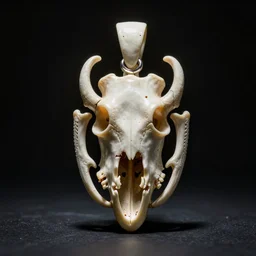 an intricate pendant made out of bones, studio photography, black background, faint glow, volumetric