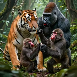 toshiko okanoue tiger face clouds gorilla fighting a baboon chaotic jungle wes craven highly detailed, photo realistic, full color, crimson lips