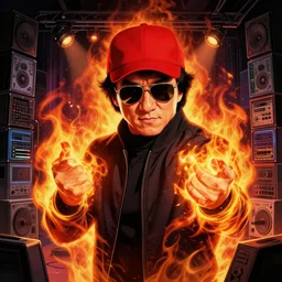 character art by ruan jia, jackie chan wearing wayfarer glasses and red baseball hat at a music concert, on fire, fire powers, room filled with computer equipment