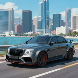 Brabus Shadow 900 Cabin going full speed in front of shoreline city in anime cyberpunk style